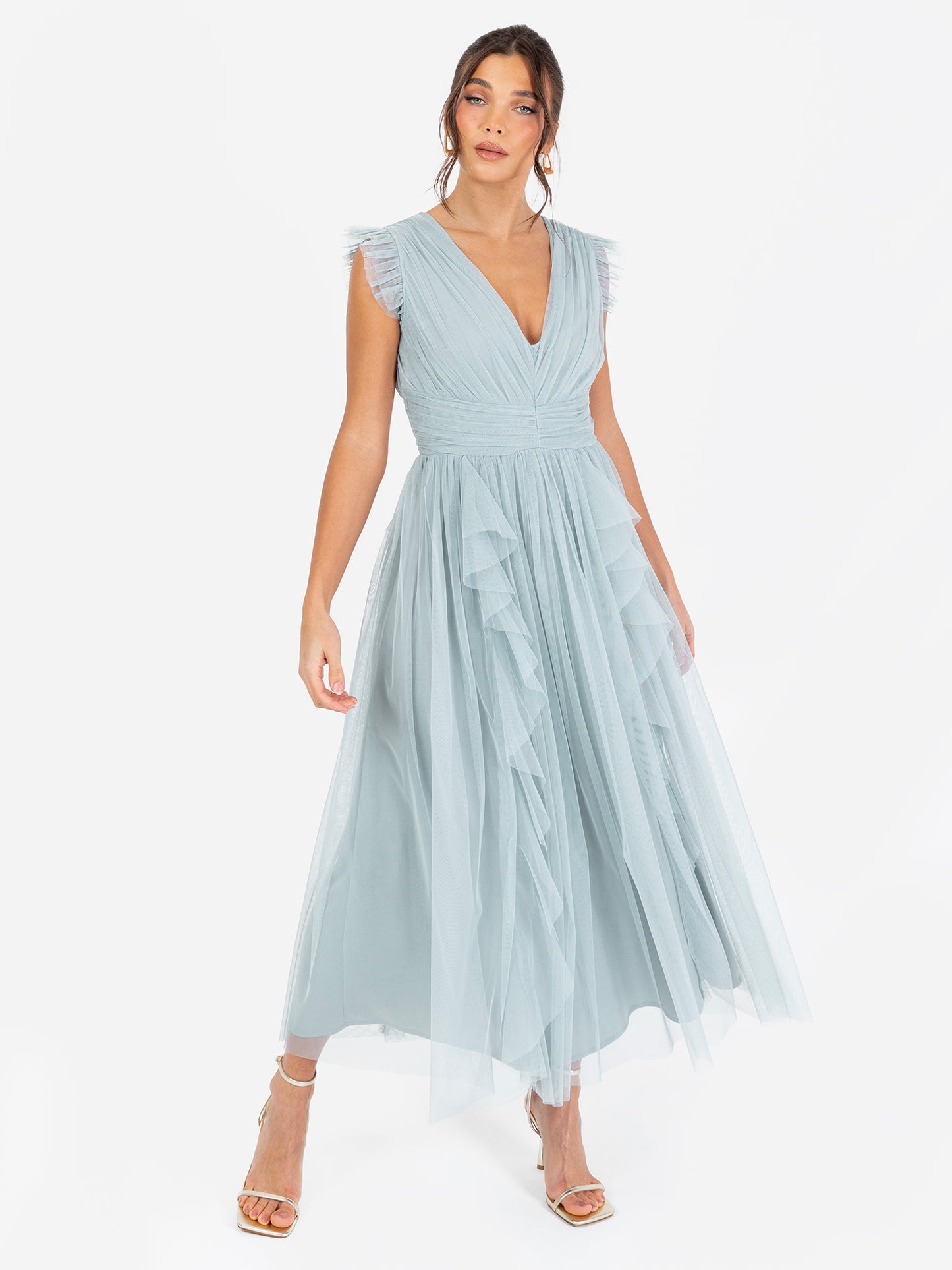 Anaya With Love Recycled Cloud Blue V Neck Midaxi Dress with Waterfall Ruffle Detail