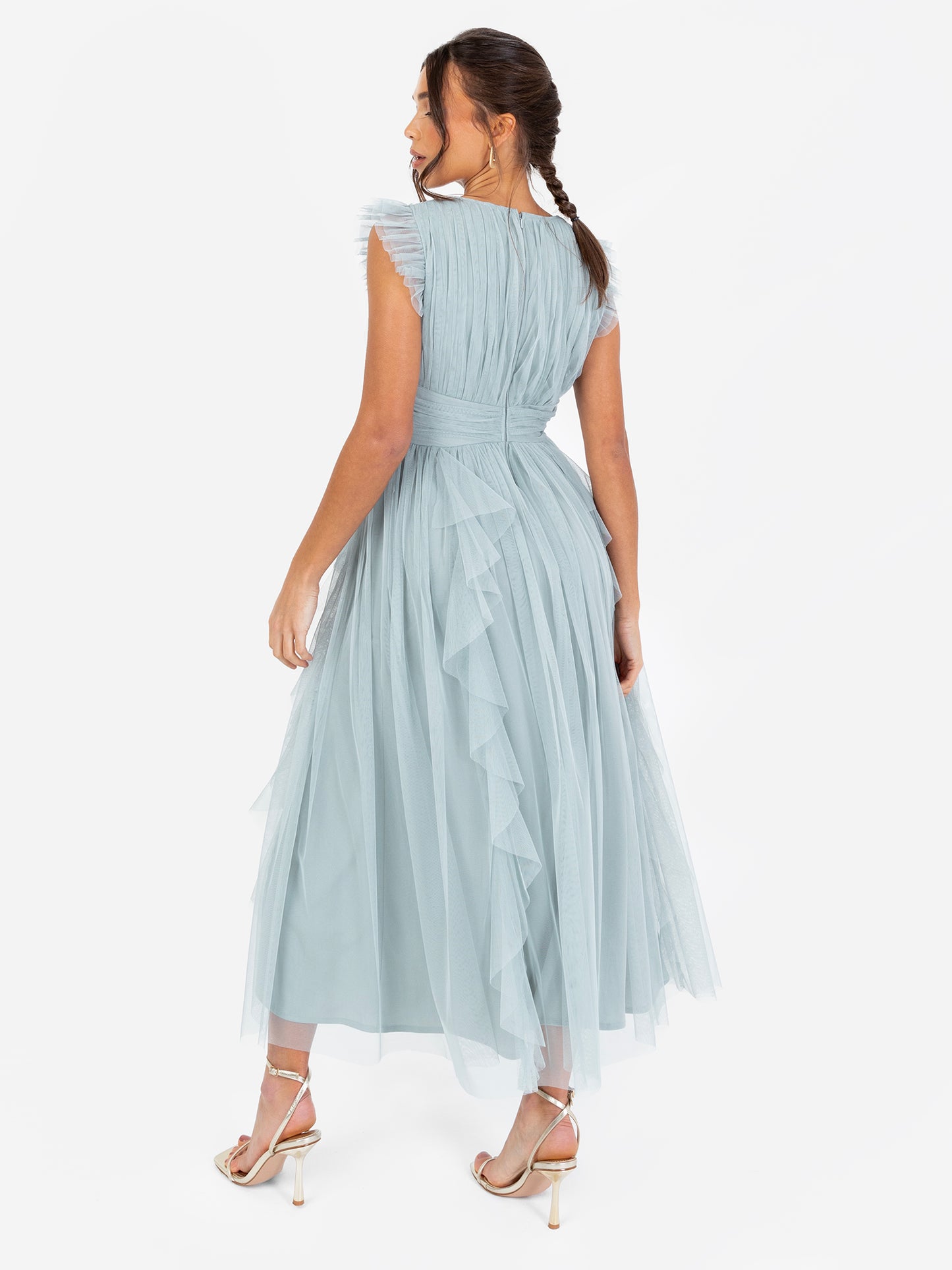 Anaya With Love Recycled Cloud Blue V Neck Midaxi Dress with Waterfall Ruffle Detail