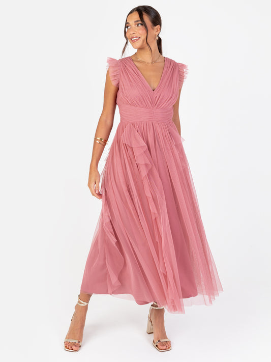 Anaya With Love Recycled Dusty Rose V Neck Midaxi Dress with Waterfall Ruffle Detail