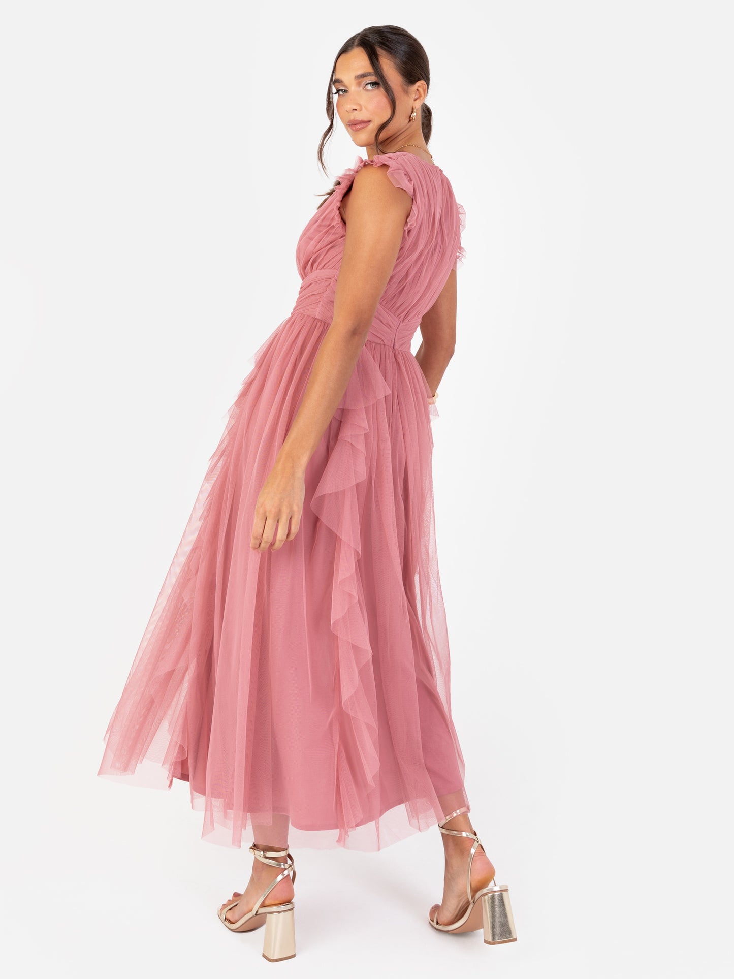 Anaya With Love Recycled Dusty Rose V Neck Midaxi Dress with Waterfall Ruffle Detail