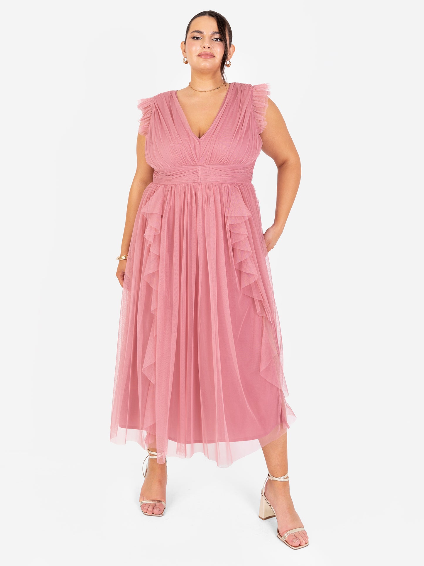 Anaya With Love Recycled Dusty Rose V Neck Midaxi Dress with Waterfall Ruffle Detail