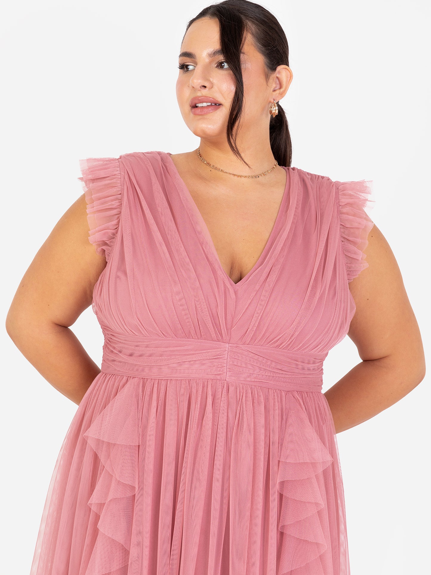 Anaya With Love Recycled Dusty Rose V Neck Midaxi Dress with Waterfall Ruffle Detail