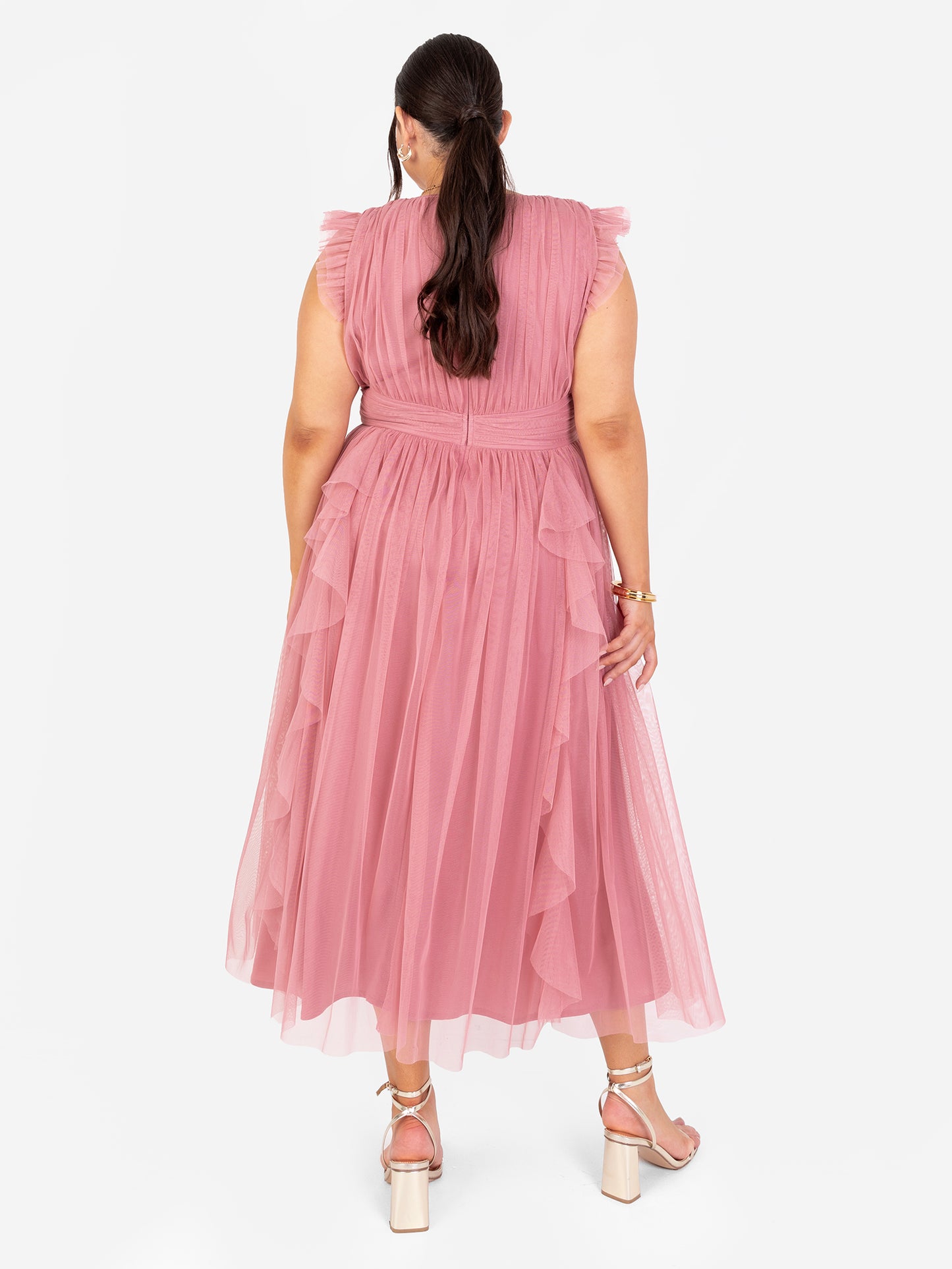 Anaya With Love Recycled Dusty Rose V Neck Midaxi Dress with Waterfall Ruffle Detail