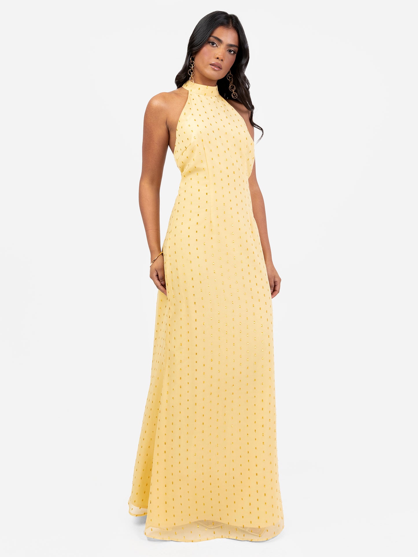 Anaya With Love Recycled Gold Detail Halter Neck & Open Back Yellow Maxi Dress