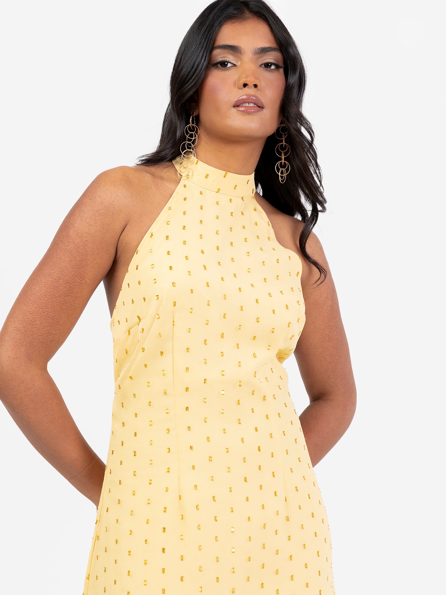 Anaya With Love Recycled Gold Detail Halter Neck & Open Back Yellow Maxi Dress