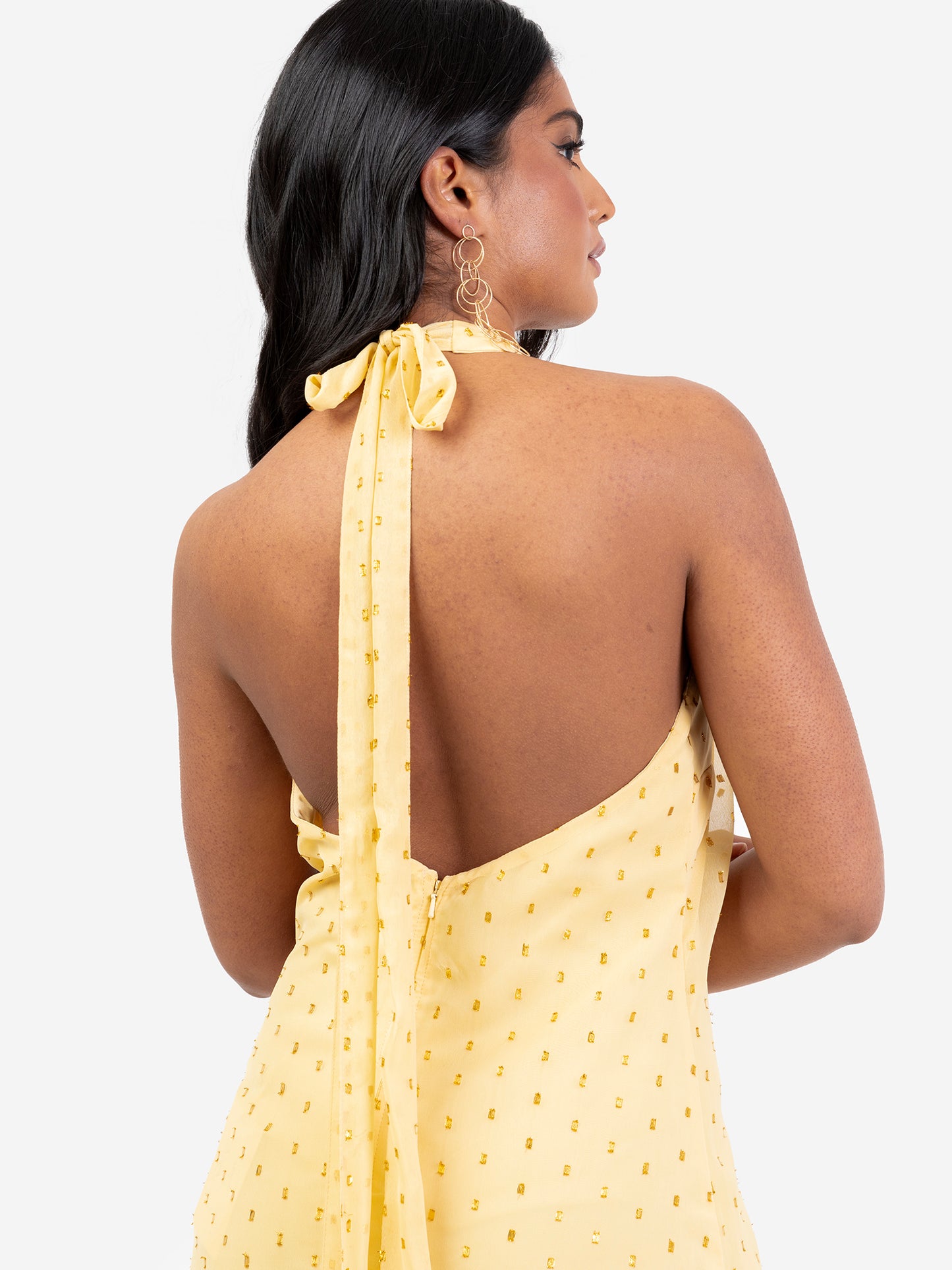 Anaya With Love Recycled Gold Detail Halter Neck & Open Back Yellow Maxi Dress