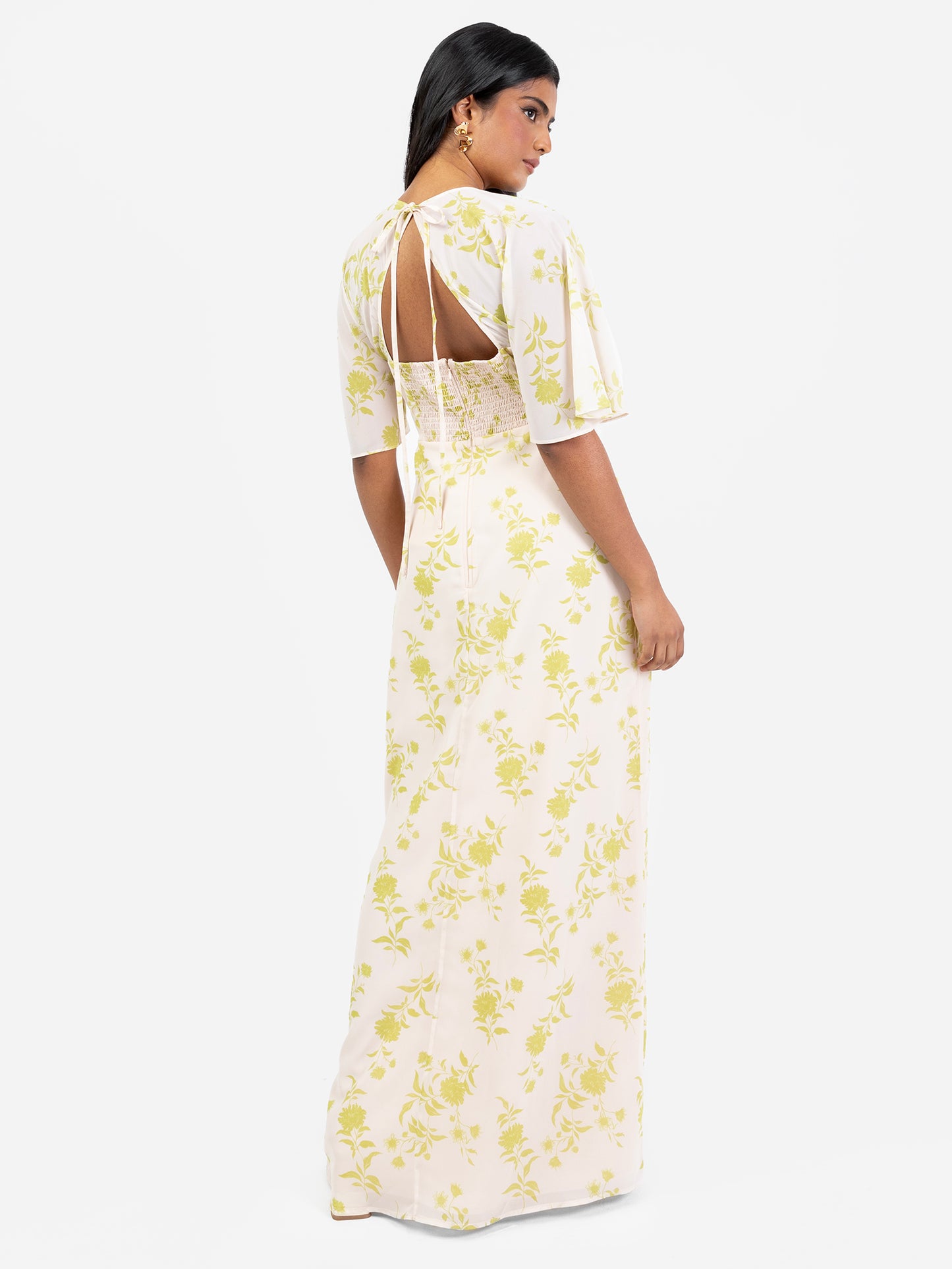 Anaya With Love Chartreuse Floral Self-Tie Keyhole Back Maxi Dress