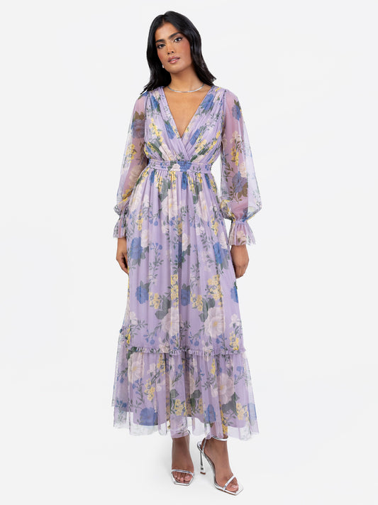 Anaya With Love Recycled Floral Print Long Sleeve Lilac Midi Dress