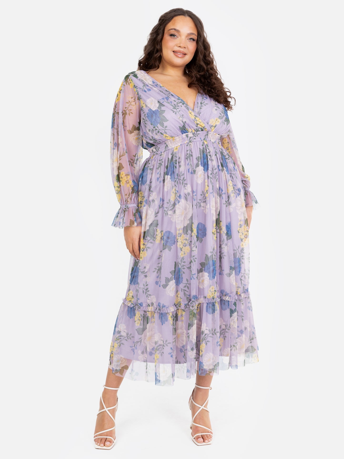 Anaya With Love Recycled Floral Print Long Sleeve Lilac Midi Dress
