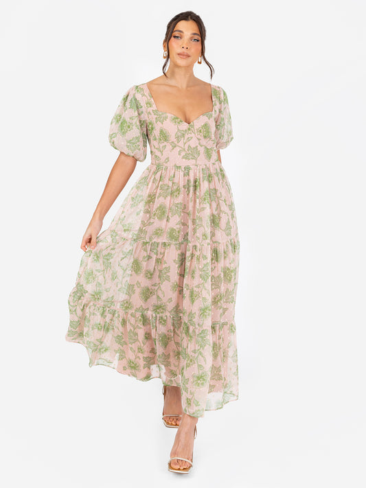 Anaya With Love Floral Print Sweetheart Neck Midaxi Dress with Self-Tie Open Back