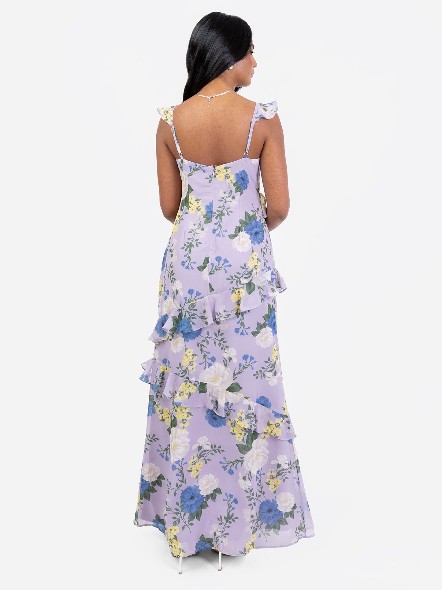 Anaya With Love Floral Strappy Lilac Maxi Dress with Ruffle Detail