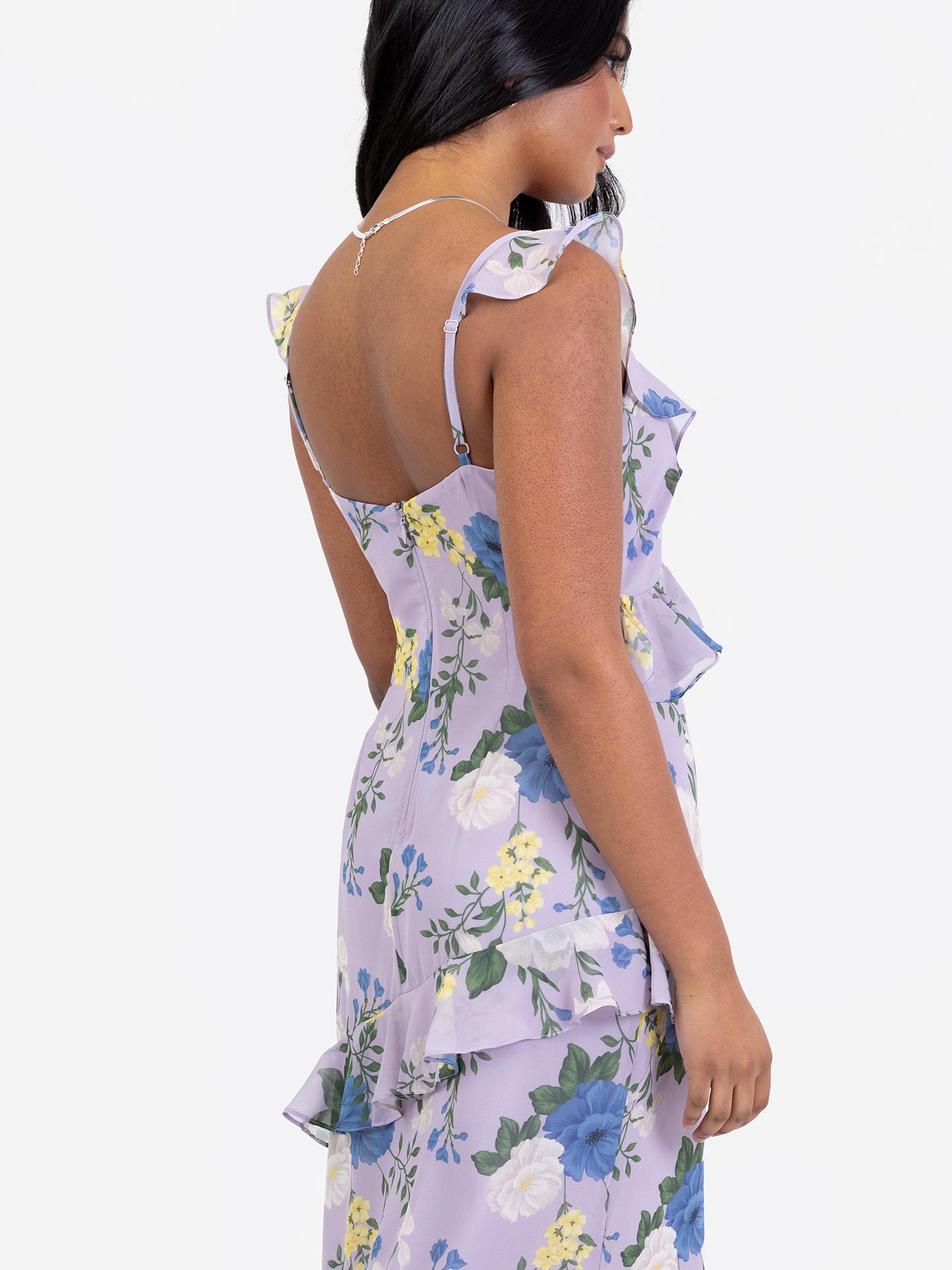 Anaya With Love Floral Strappy Lilac Maxi Dress with Ruffle Detail