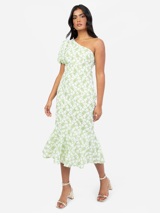 Maya Floral One Shoulder Puff Sleeve Peplum Midi Dress