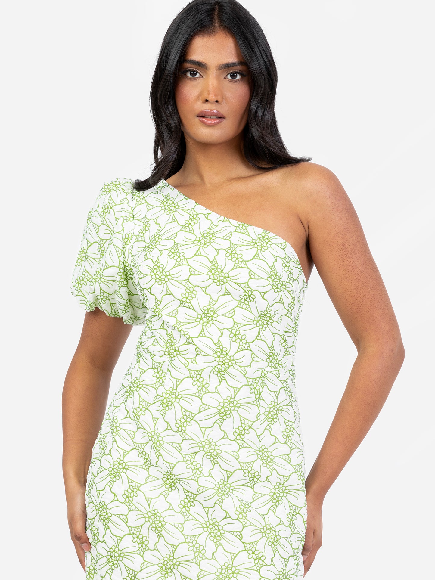 Maya Floral One Shoulder Puff Sleeve Peplum Midi Dress