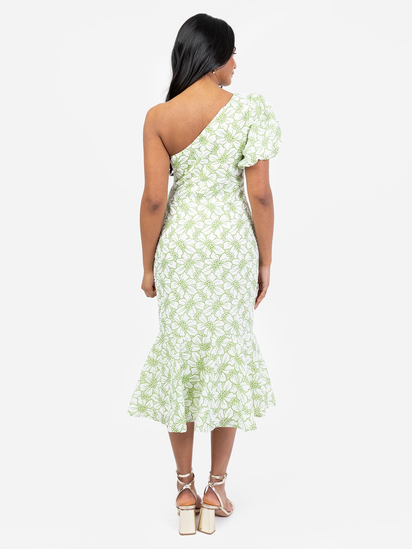 Maya Floral One Shoulder Puff Sleeve Peplum Midi Dress