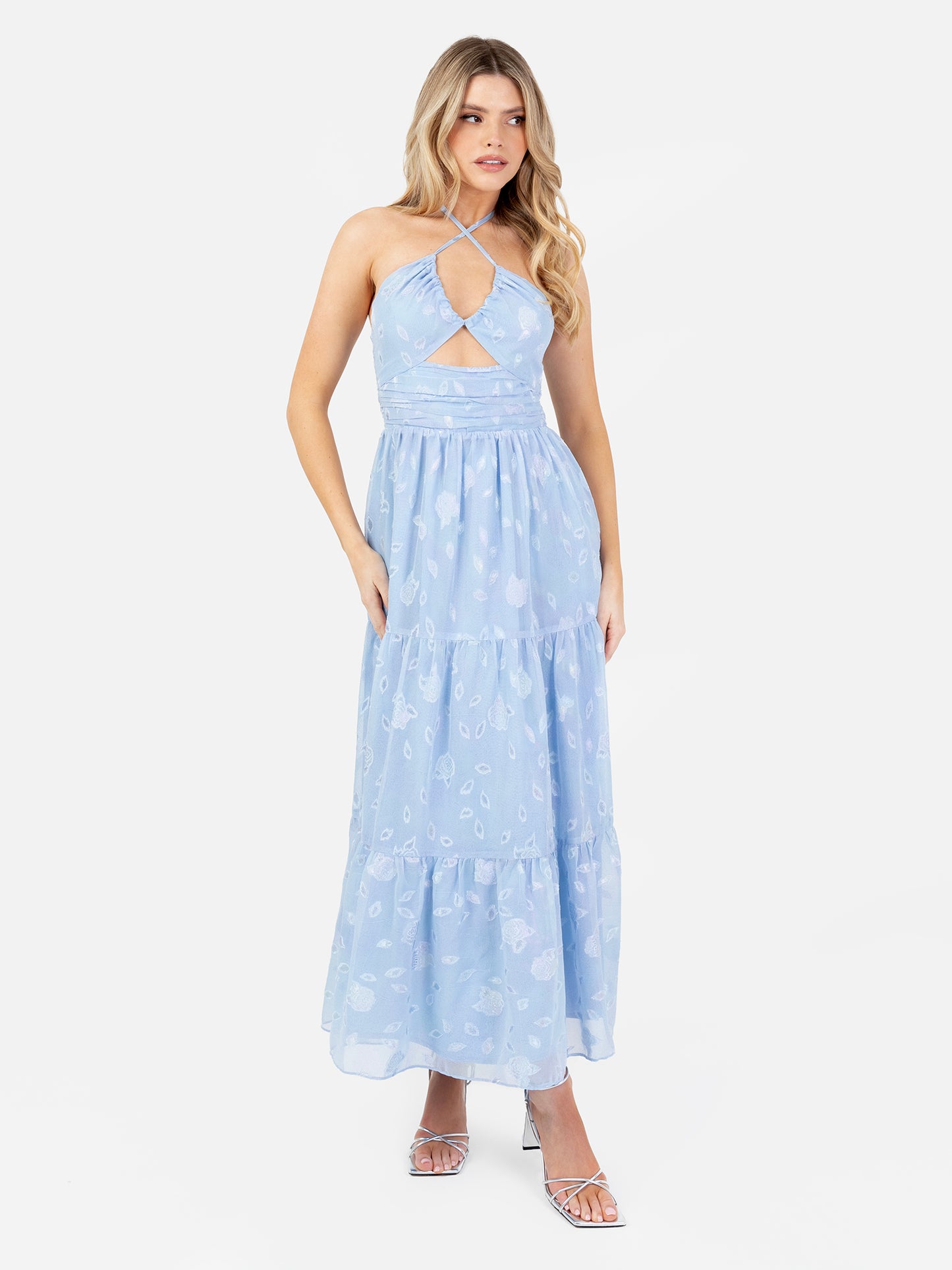 Maya Blue Iridescent Floral Burnout Crossover Halter Neck Midaxi Dress