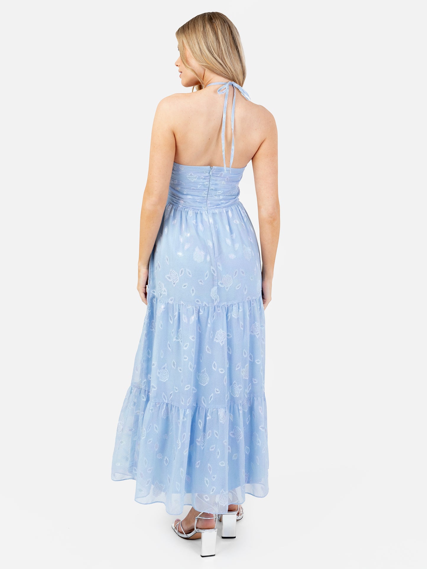 Maya Blue Iridescent Floral Burnout Crossover Halter Neck Midaxi Dress