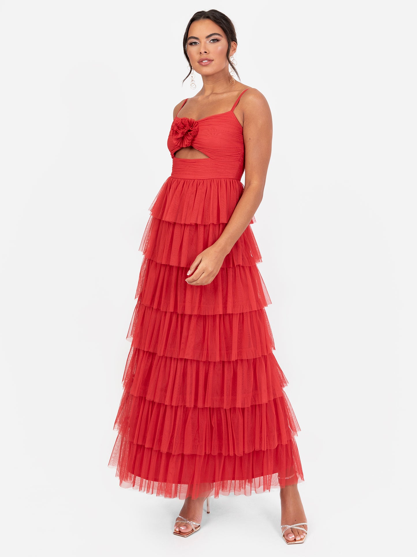 Anaya With Love Recycled Red Corsage Detail Tiered Cami Maxi Dress