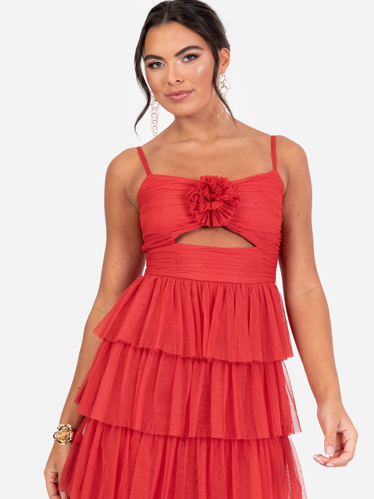 Anaya With Love Recycled Red Corsage Detail Tiered Cami Maxi Dress