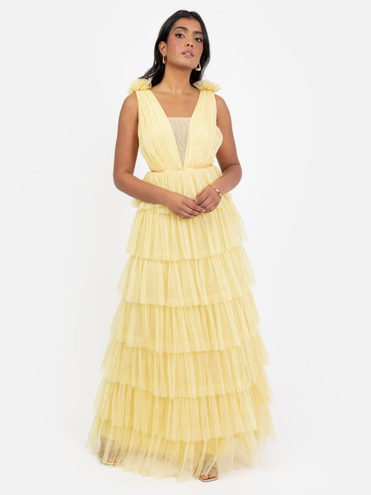 Anaya With Love Recycled Yellow Plunge Front Tiered Maxi Dress