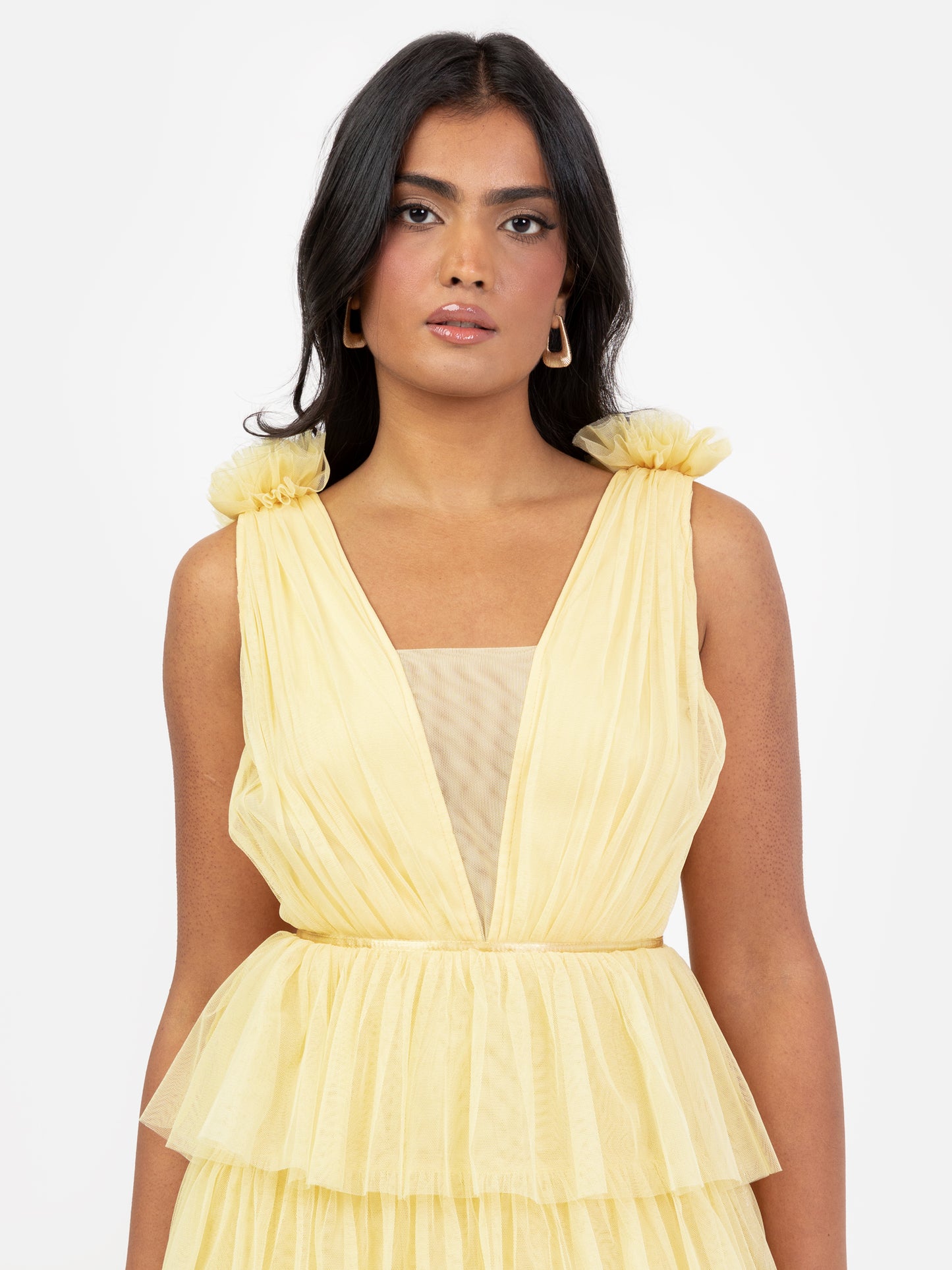 Anaya With Love Recycled Yellow Plunge Front Tiered Maxi Dress