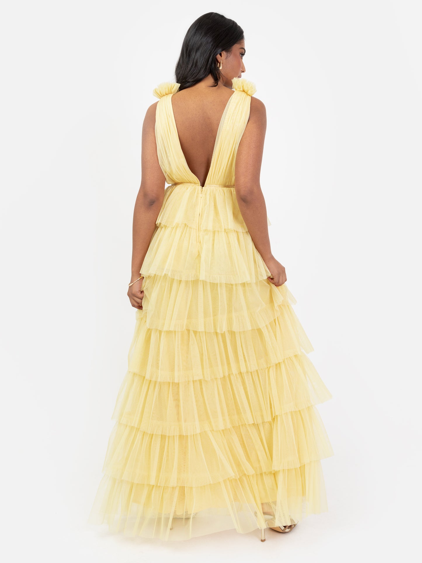 Anaya With Love Recycled Yellow Plunge Front Tiered Maxi Dress