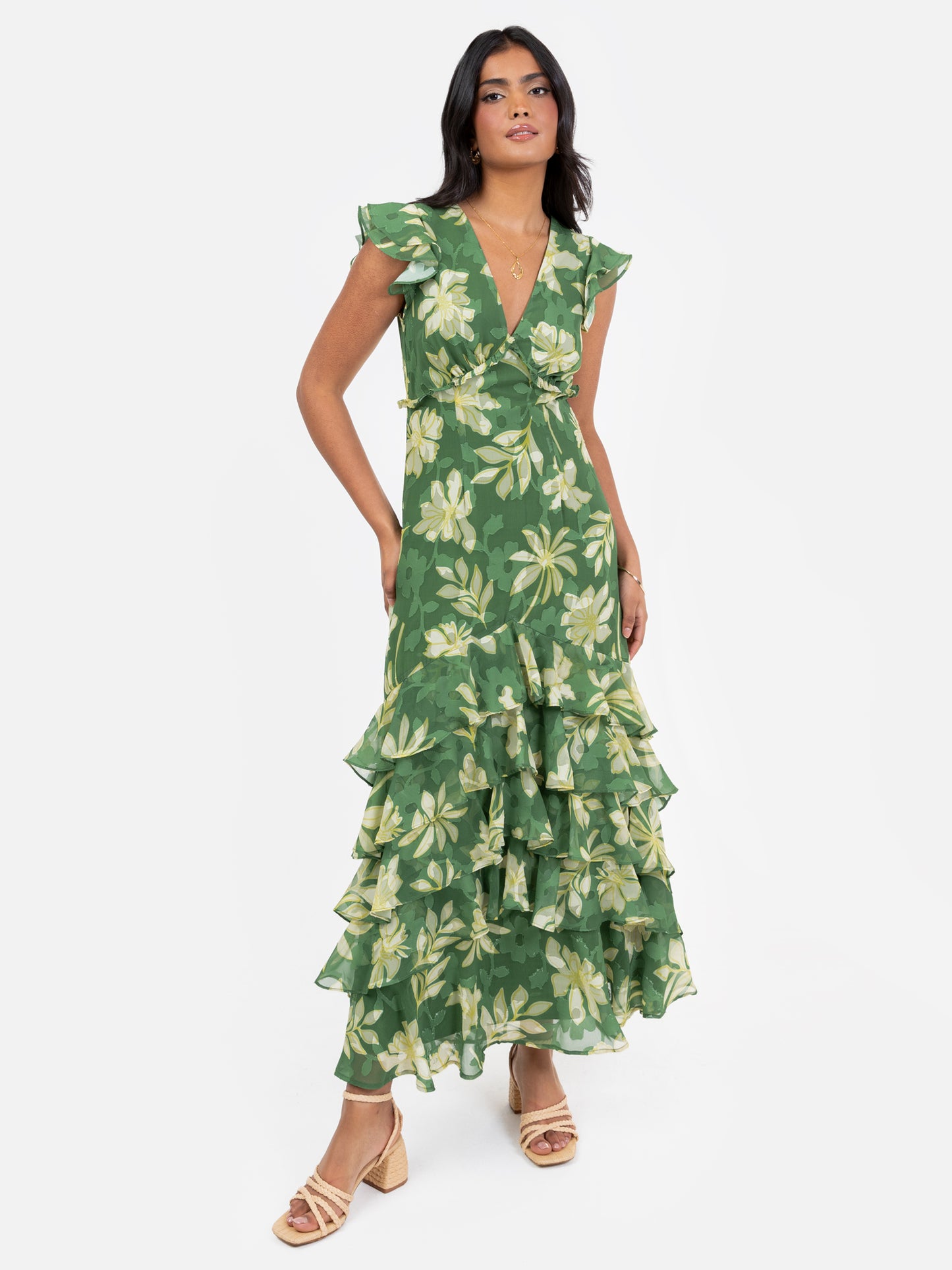 Anaya With Love Recycled Green Floral Print Ruffle Skirt Midaxi Dress