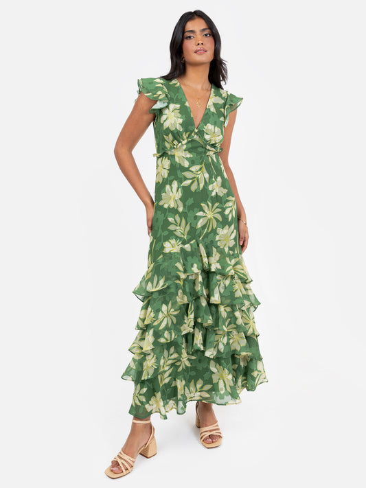 Anaya With Love Recycled Green Floral Print Ruffle Skirt Midaxi Dress