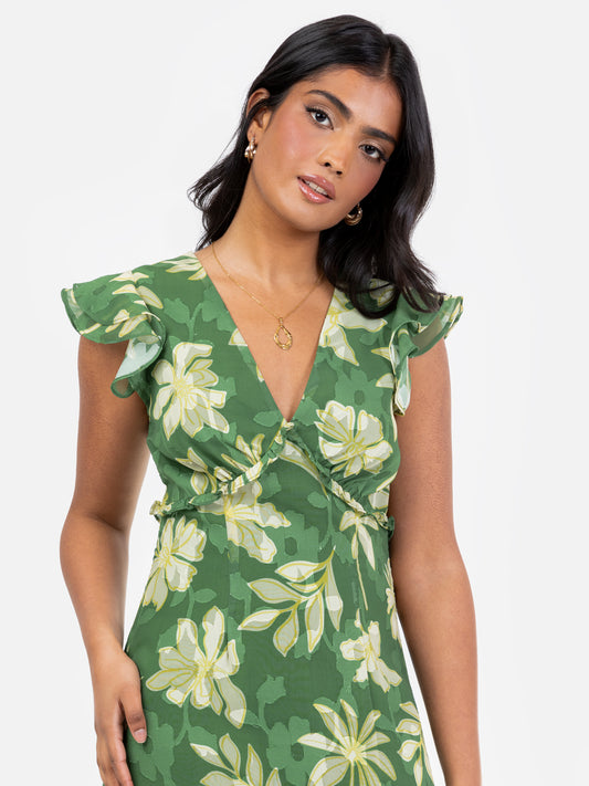 Anaya With Love Recycled Green Floral Print Ruffle Skirt Midaxi Dress
