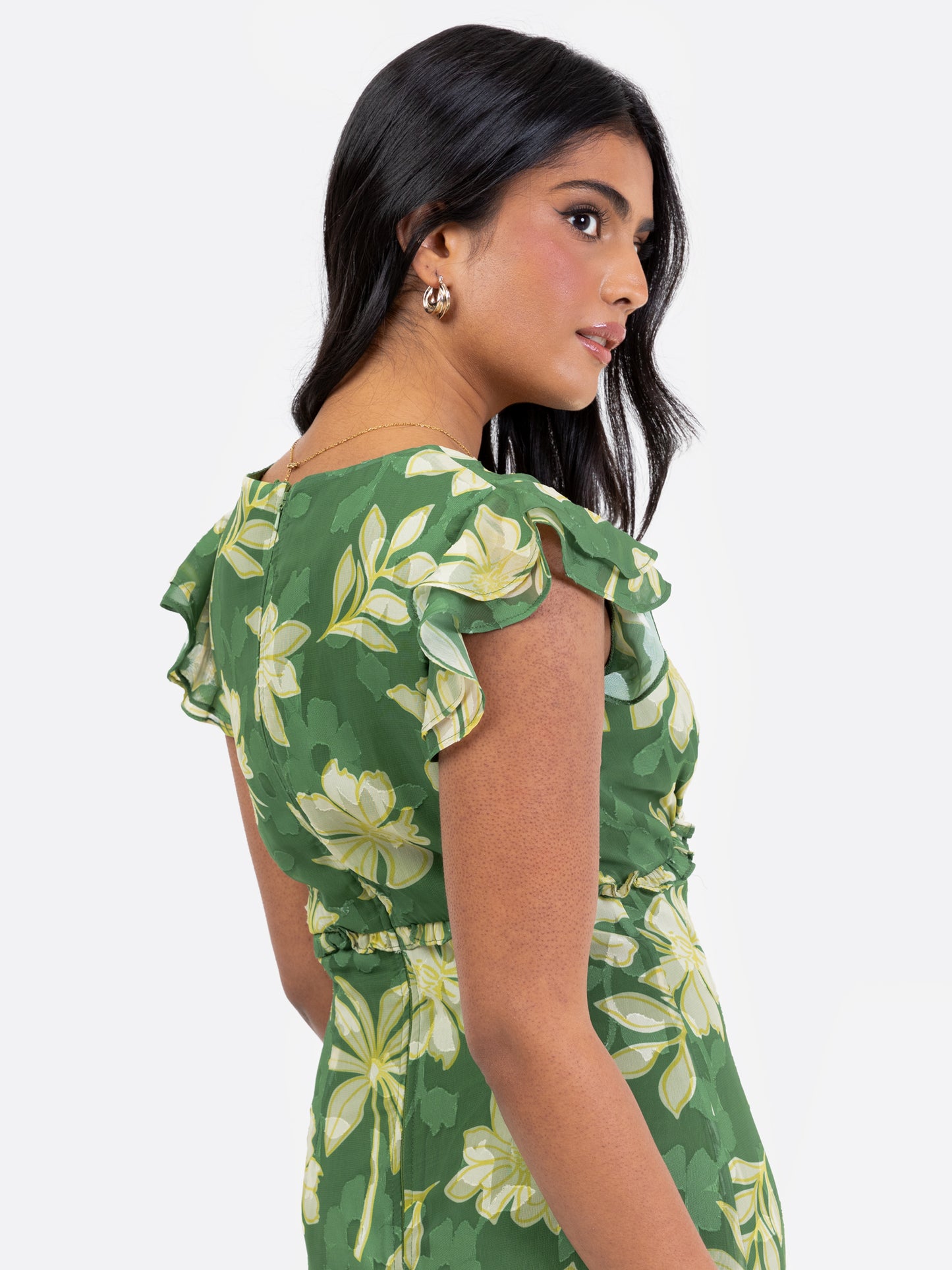 Anaya With Love Recycled Green Floral Print Ruffle Skirt Midaxi Dress