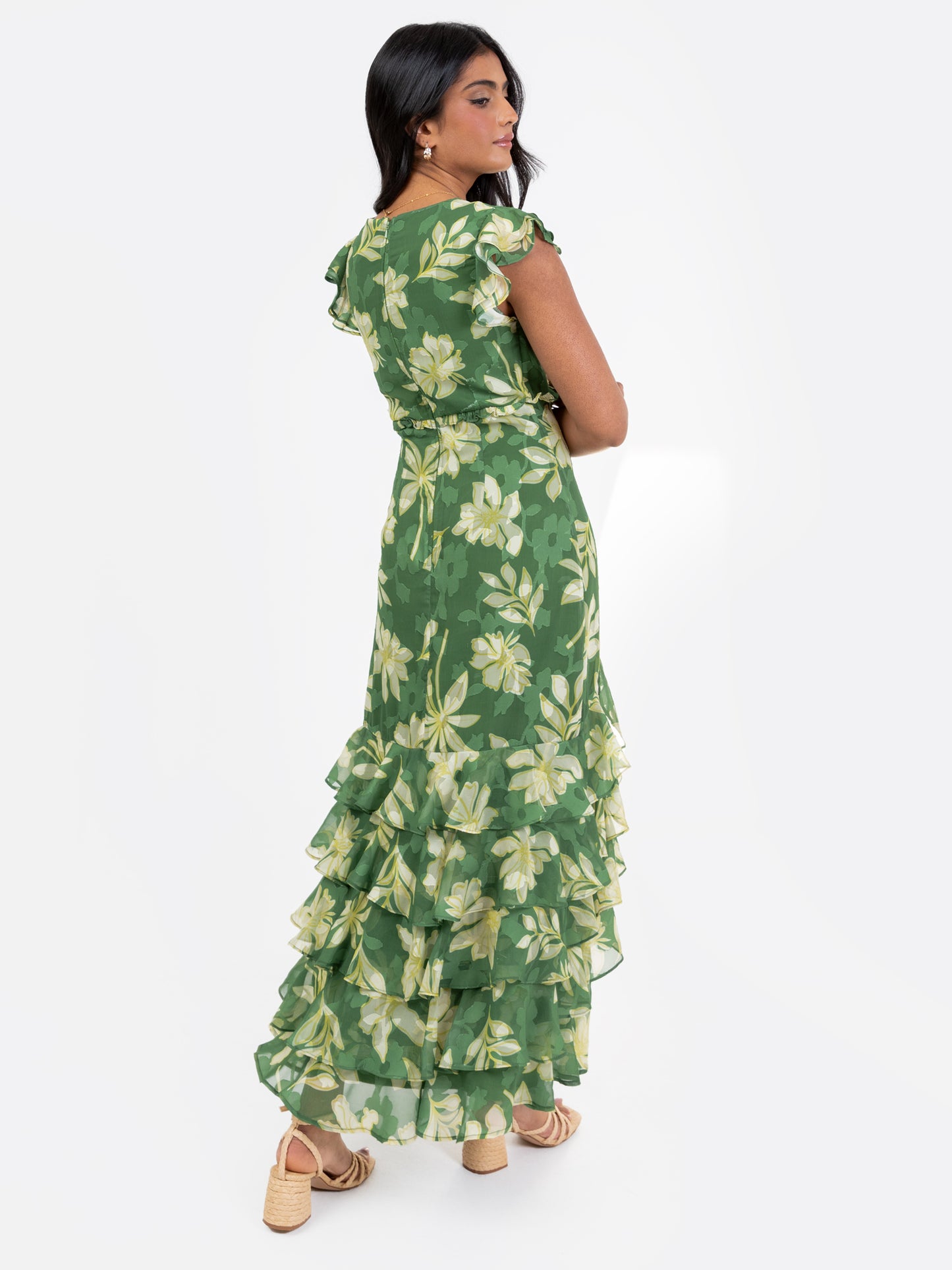 Anaya With Love Recycled Green Floral Print Ruffle Skirt Midaxi Dress