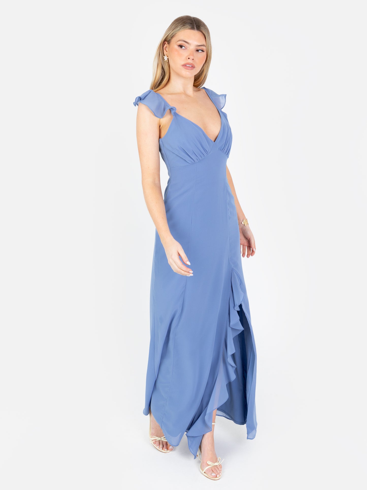 Anaya With Love Ocean Blue Strappy V Neck Maxi Dress with Skirt Split & Ruffle Detail