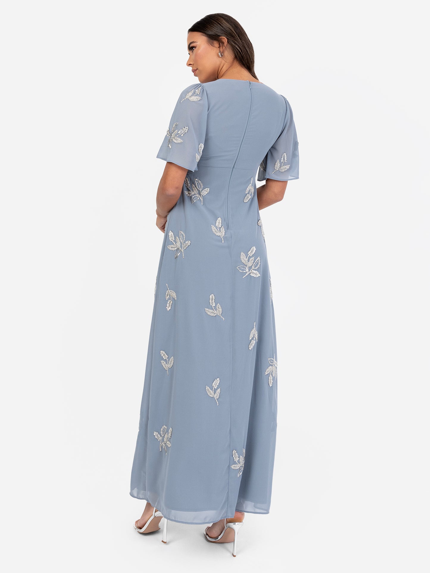 Maya Dusty Blue Embellished Knot Front & Angel Sleeve Maxi Dress