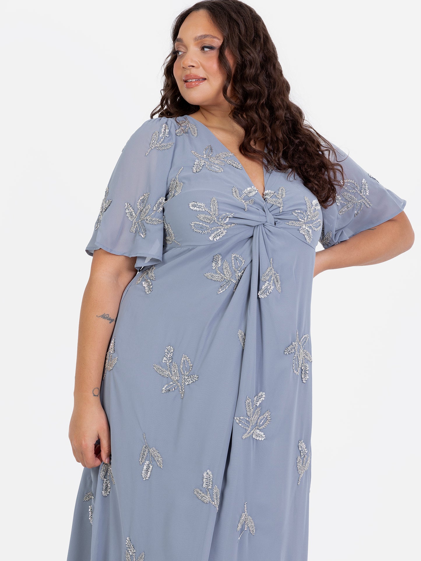 Maya Dusty Blue Embellished Knot Front & Angel Sleeve Maxi Dress