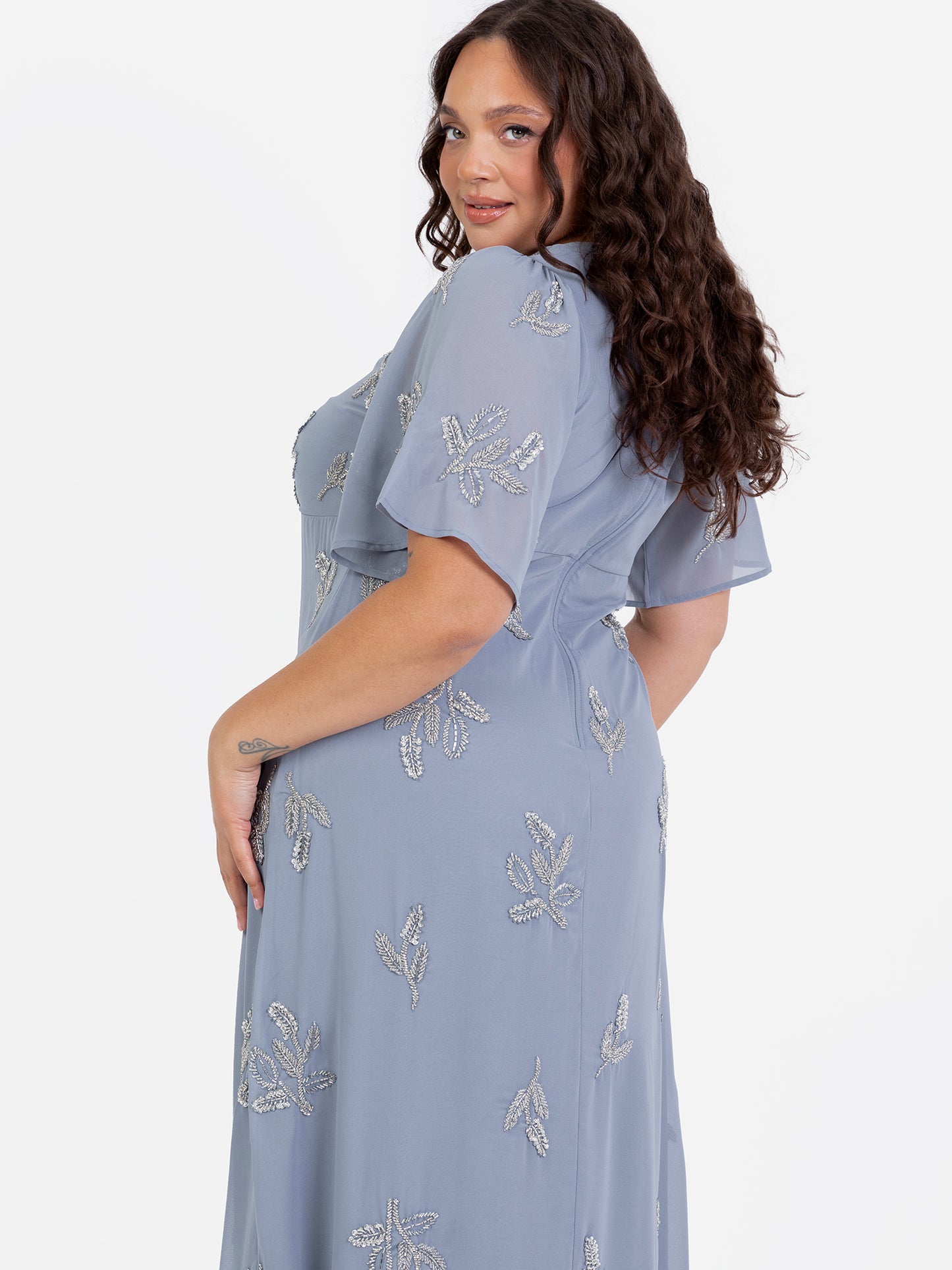 Maya Dusty Blue Embellished Knot Front & Angel Sleeve Maxi Dress