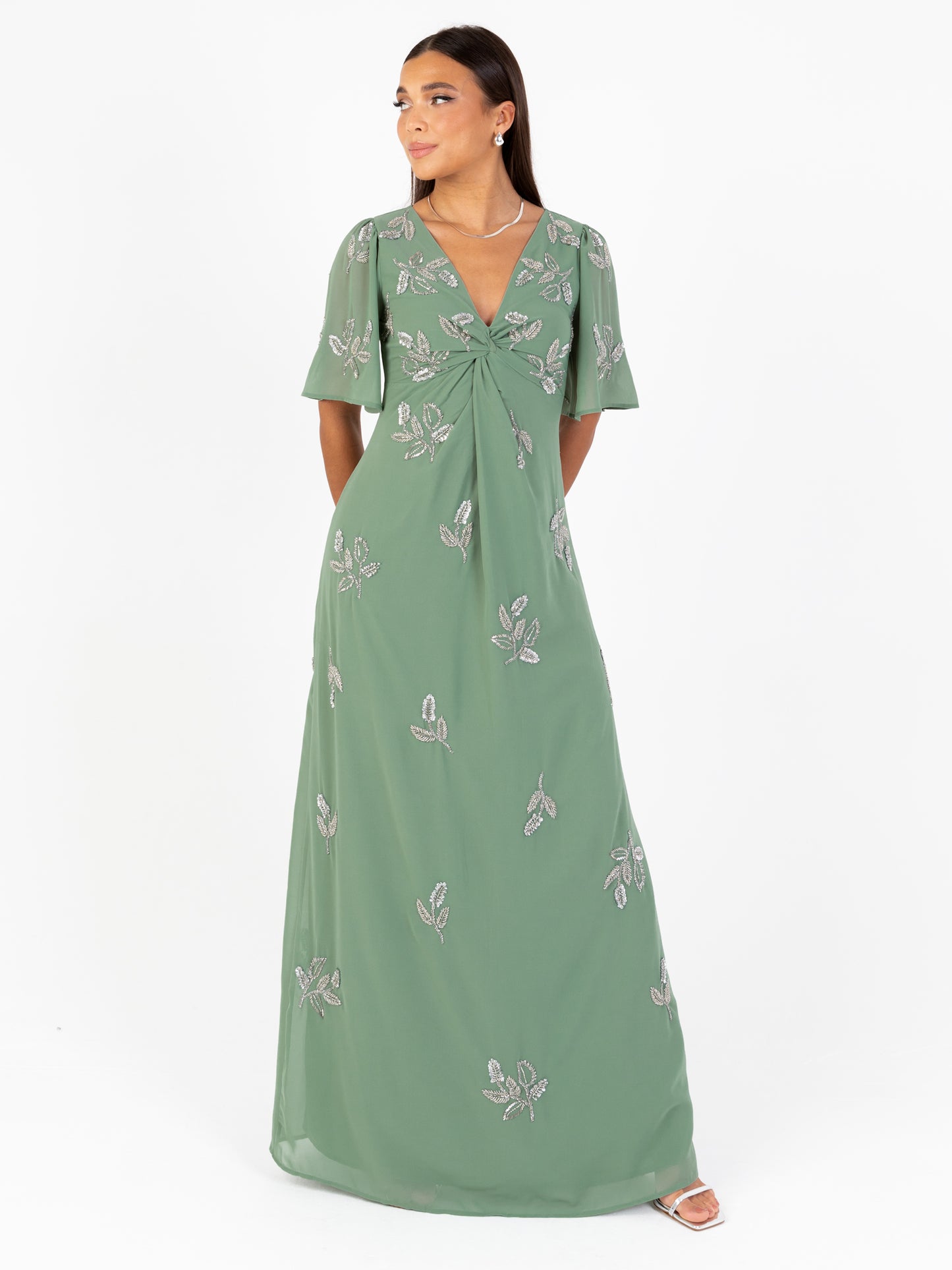 Maya Dark Sage Green Embellished Knot Front & Angel Sleeve Maxi Dress