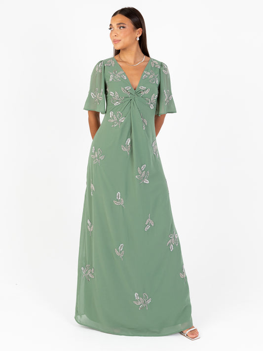 Maya Dark Sage Green Embellished Knot Front & Angel Sleeve Maxi Dress