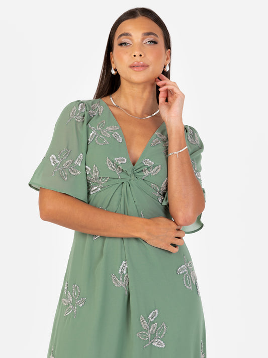 Maya Dark Sage Green Embellished Knot Front & Angel Sleeve Maxi Dress