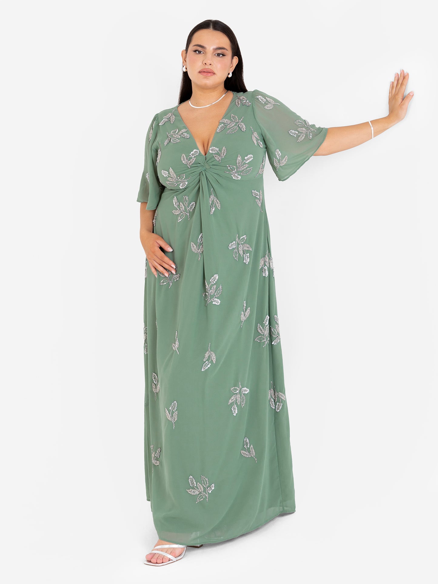 Maya Dark Sage Green Embellished Knot Front & Angel Sleeve Maxi Dress