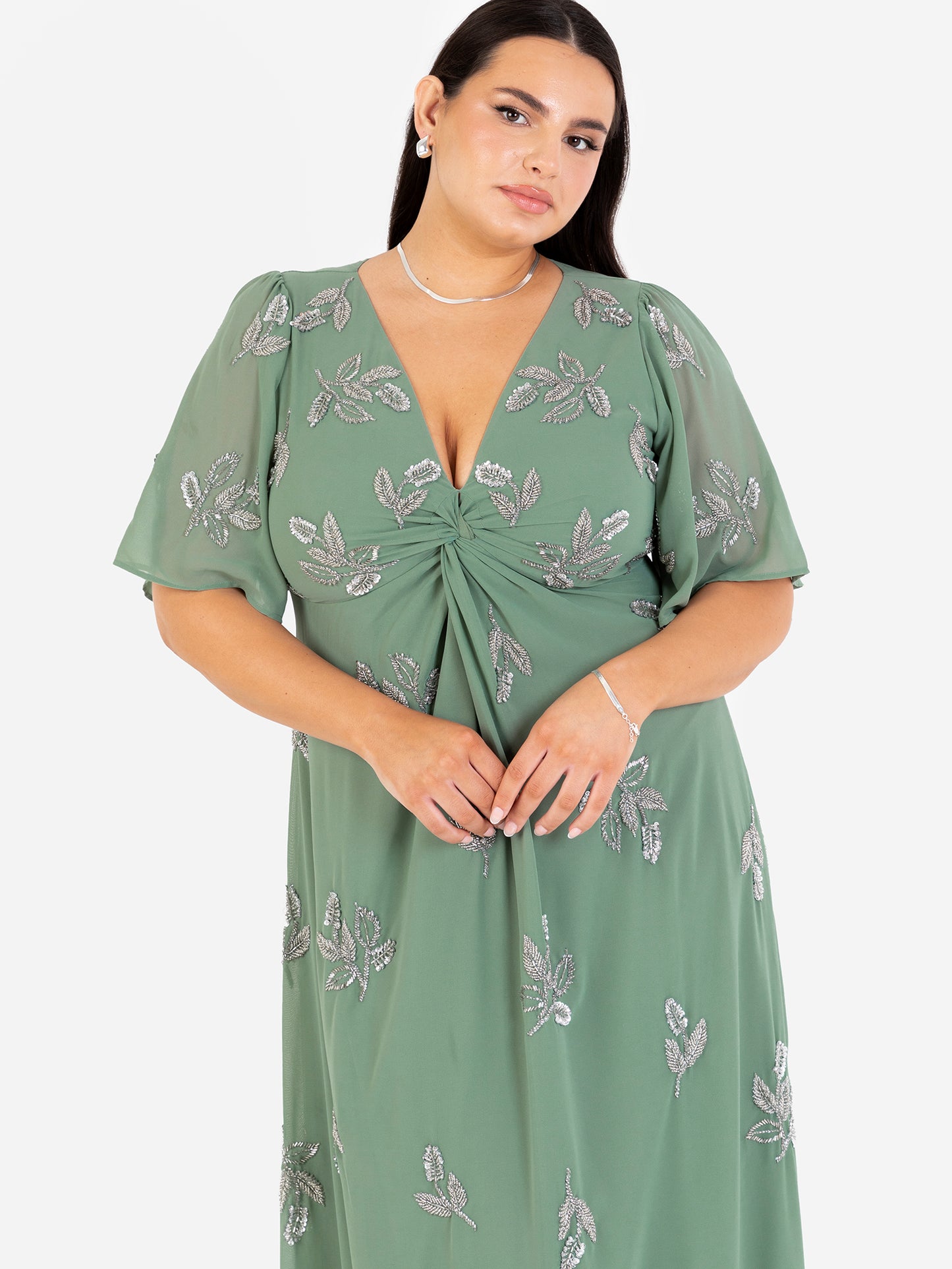 Maya Dark Sage Green Embellished Knot Front & Angel Sleeve Maxi Dress