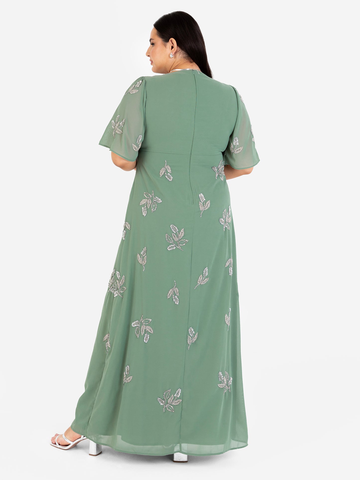 Maya Dark Sage Green Embellished Knot Front & Angel Sleeve Maxi Dress
