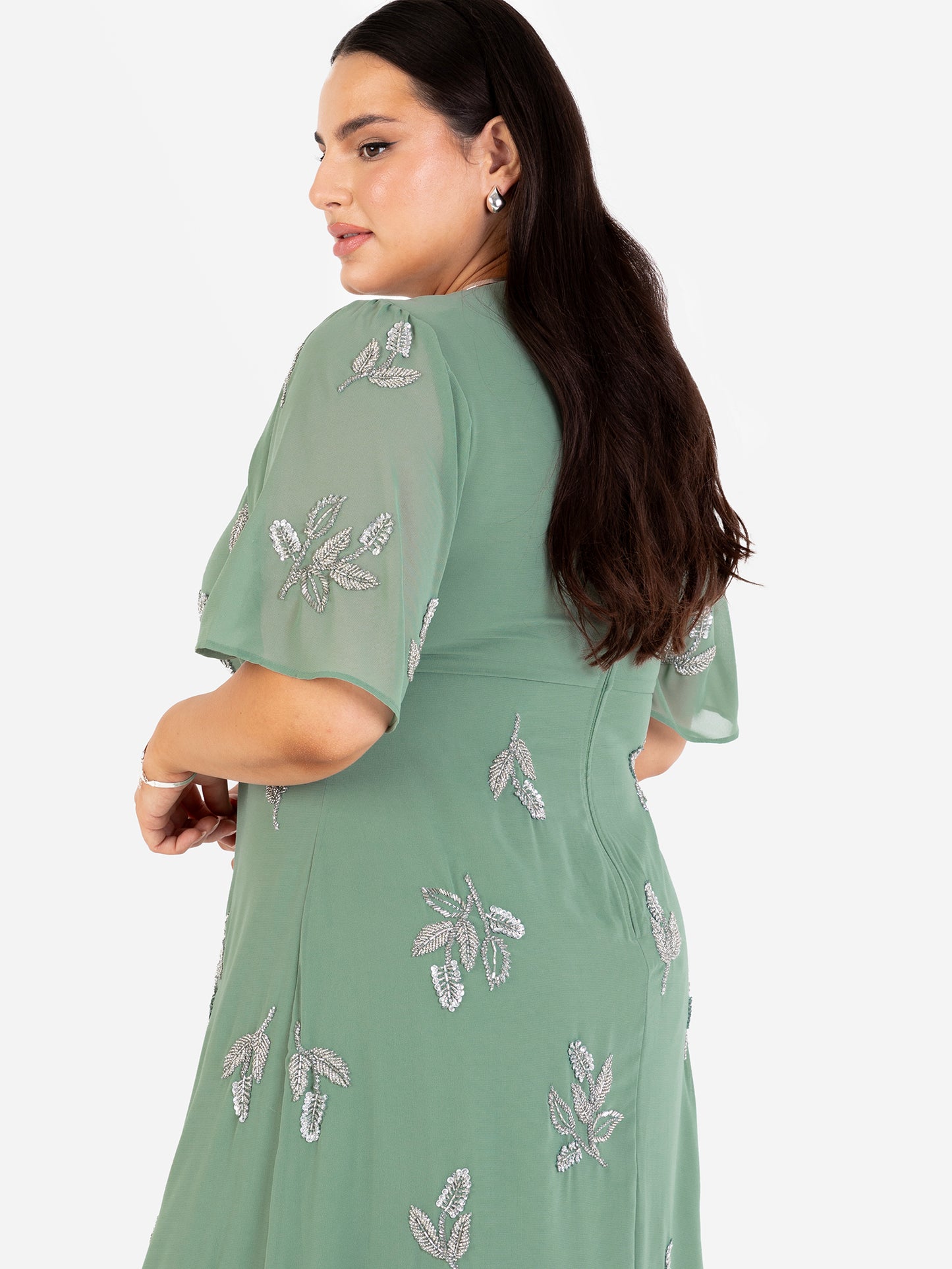 Maya Dark Sage Green Embellished Knot Front & Angel Sleeve Maxi Dress