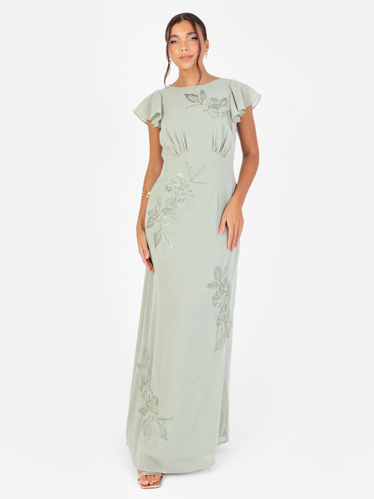 Maya Sage Green Floral Embroidered Cowl Back Maxi Dress