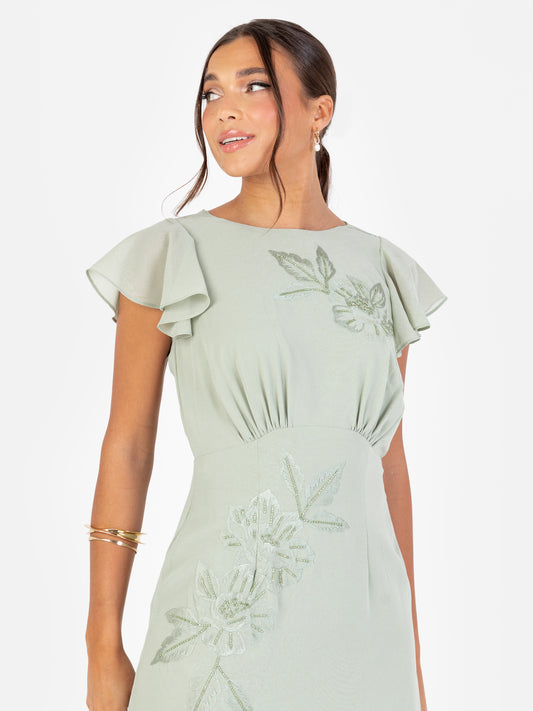 Maya Sage Green Floral Embroidered Cowl Back Maxi Dress