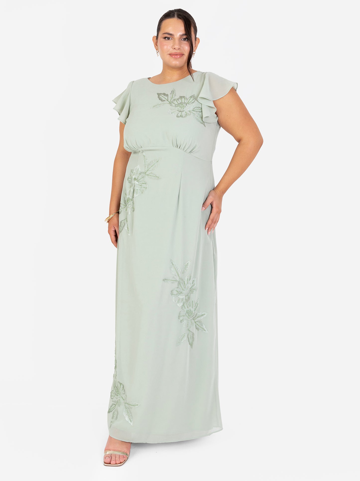 Maya Sage Green Floral Embroidered Cowl Back Maxi Dress