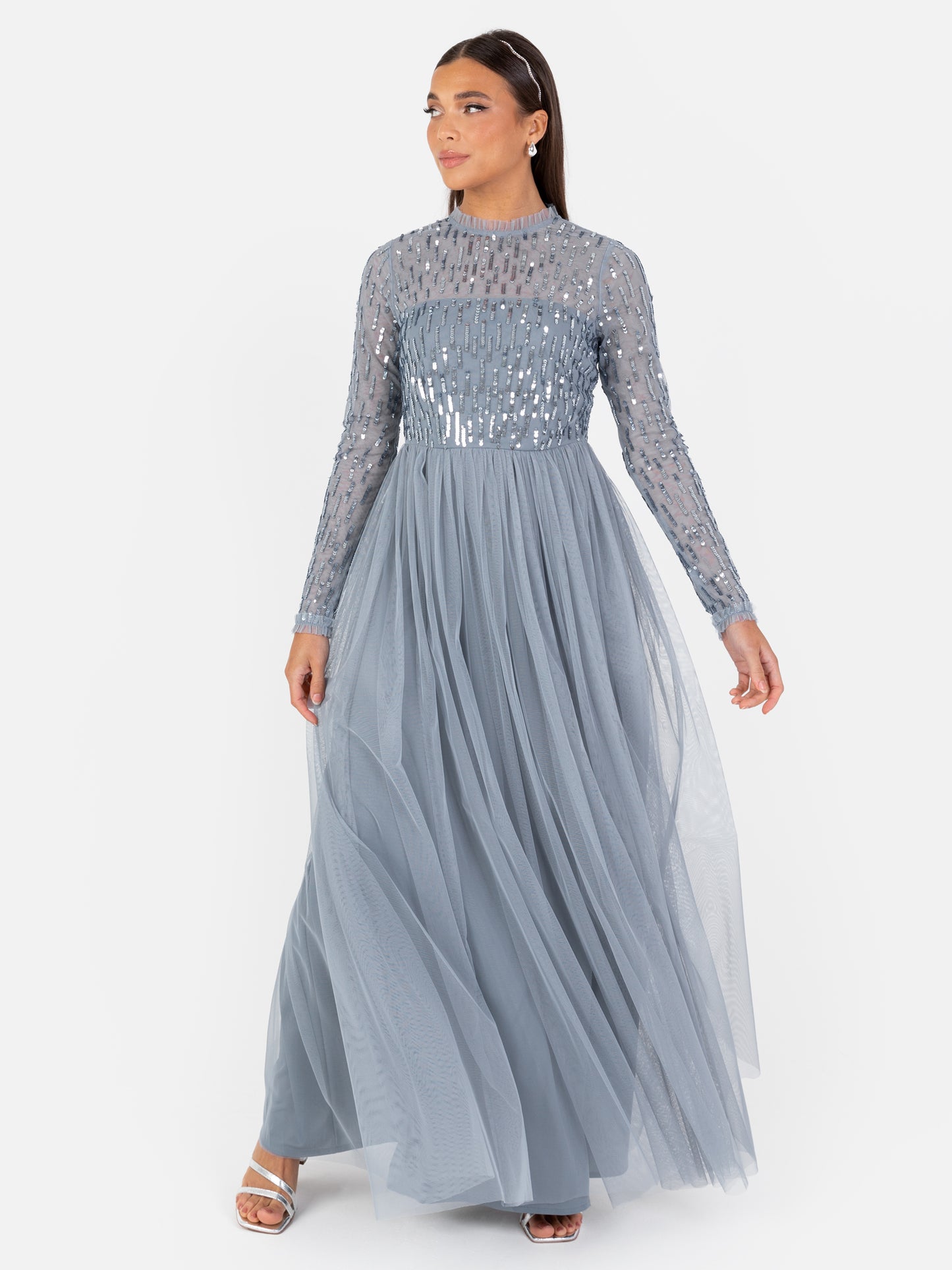 Maya Dusty Blue Linear Embellished Long Sleeve Maxi Dress