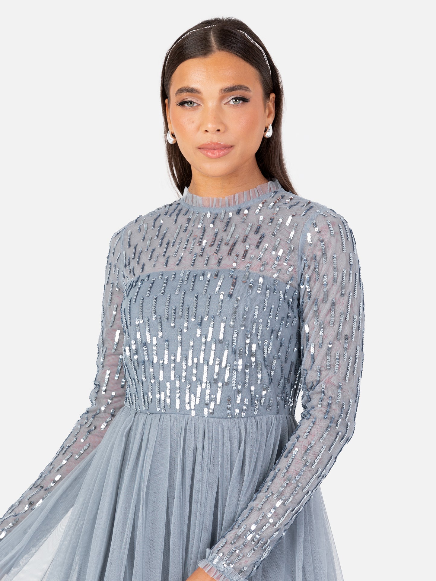 Maya Dusty Blue Linear Embellished Long Sleeve Maxi Dress