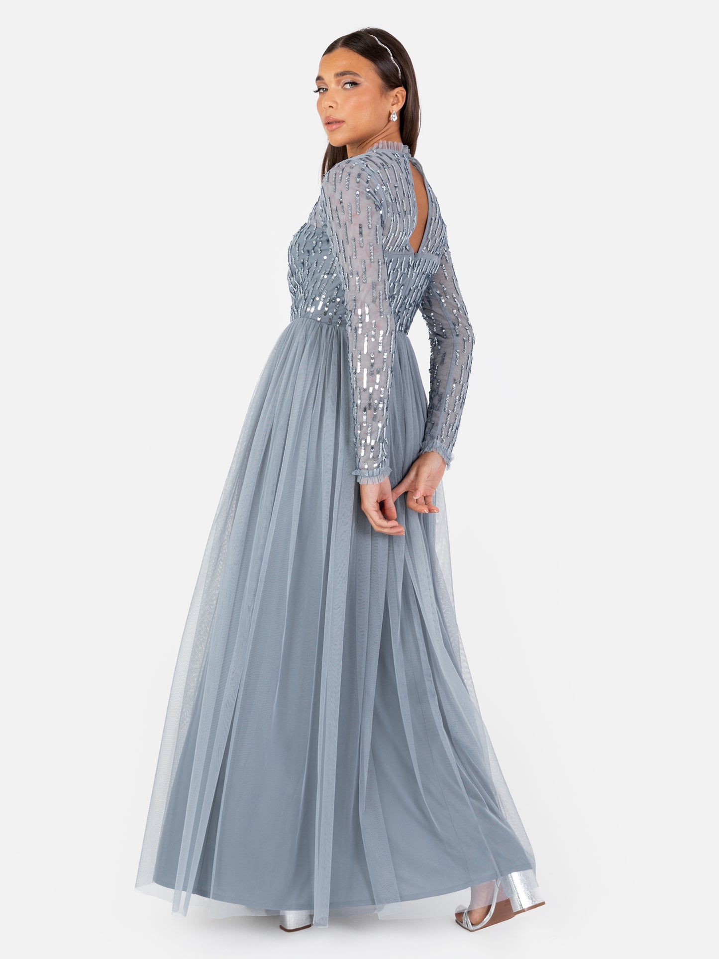 Maya Dusty Blue Linear Embellished Long Sleeve Maxi Dress