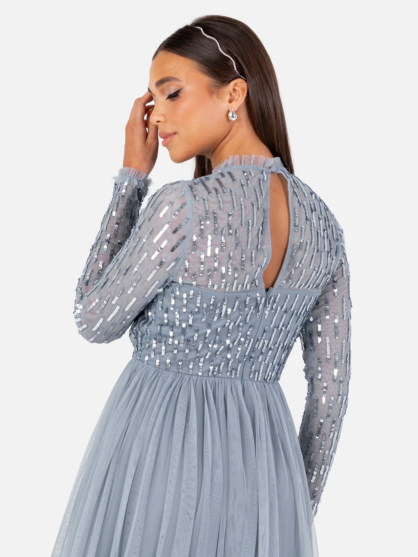 Maya Dusty Blue Linear Embellished Long Sleeve Maxi Dress
