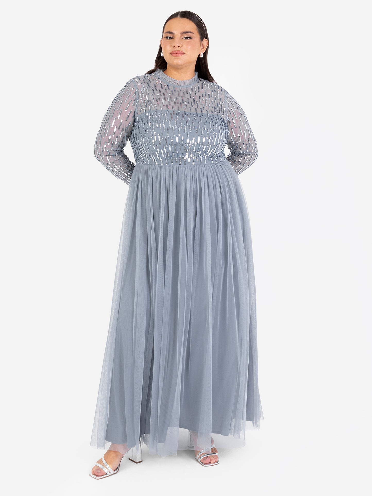 Maya Dusty Blue Linear Embellished Long Sleeve Maxi Dress